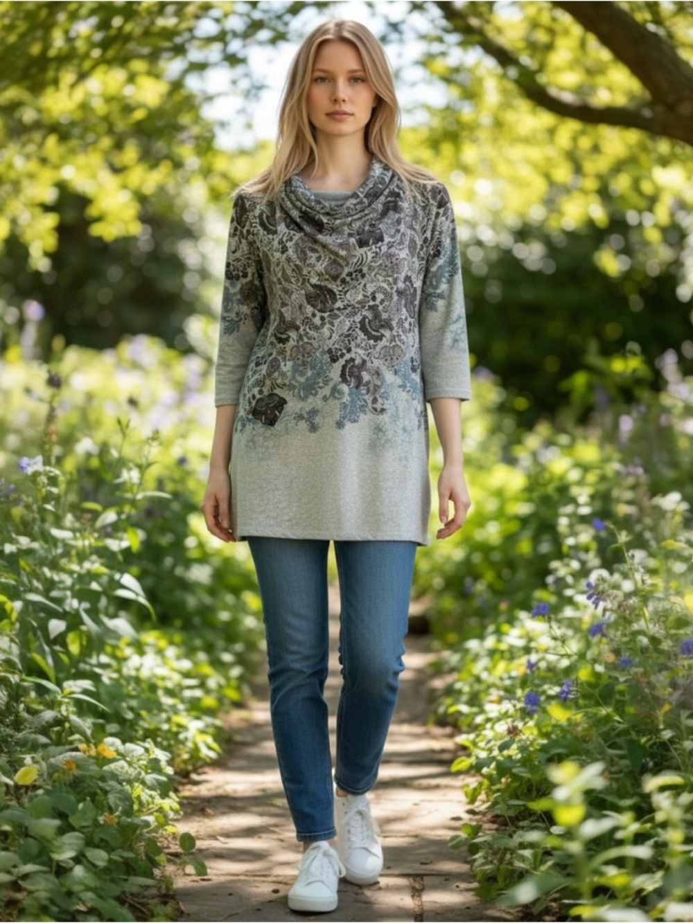Indigo Soul Gray Floral Cowl Neck Top, Sz 2XL
